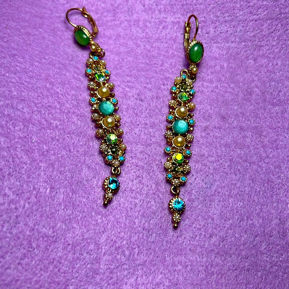 gold tone with green and blue cabochons and crystals earrings